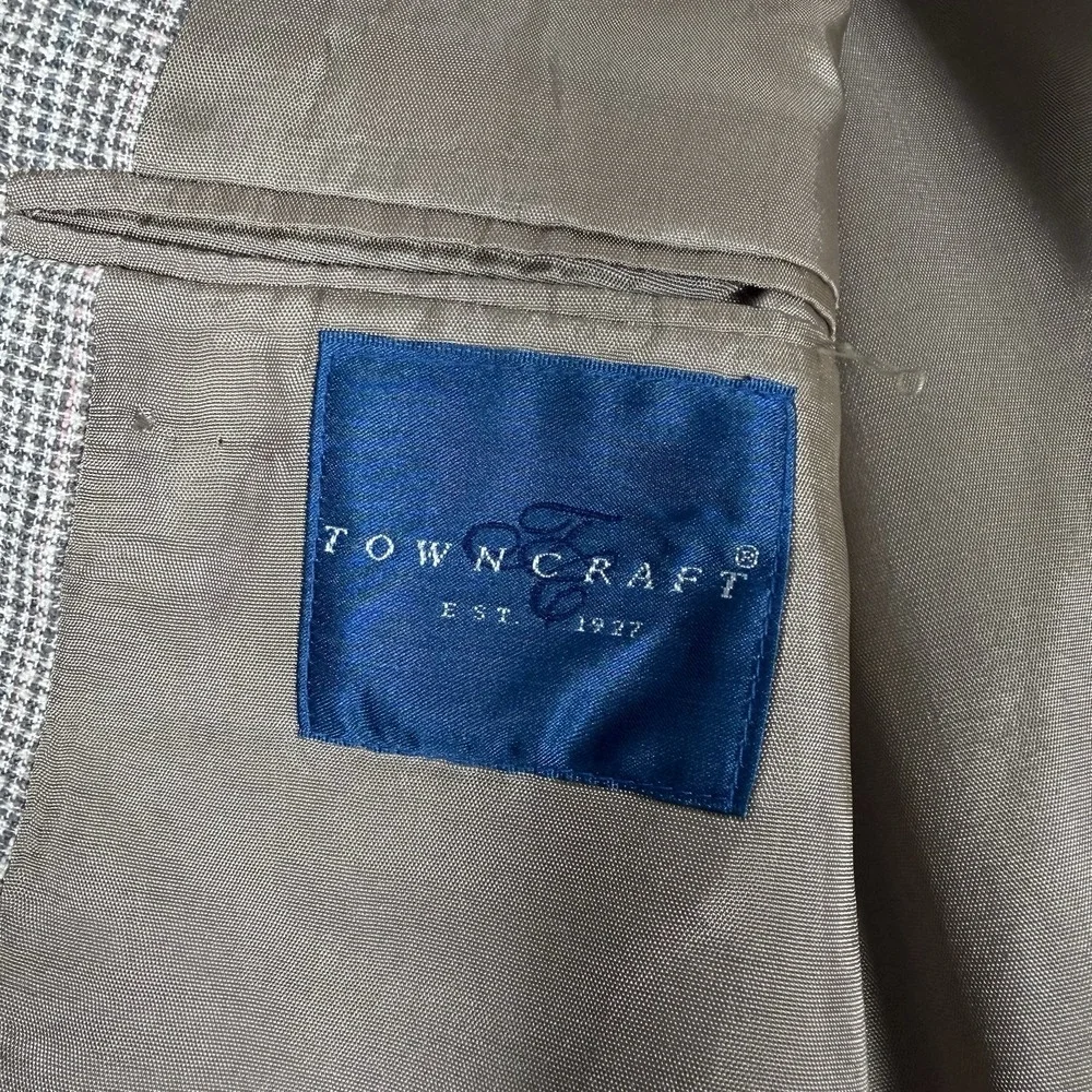 Vintage‎ Towncraft Suit Jacket Men's 48L Beige Plaid Silk 2 Button Blazer
